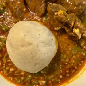 Banku with Goat meat okra soup